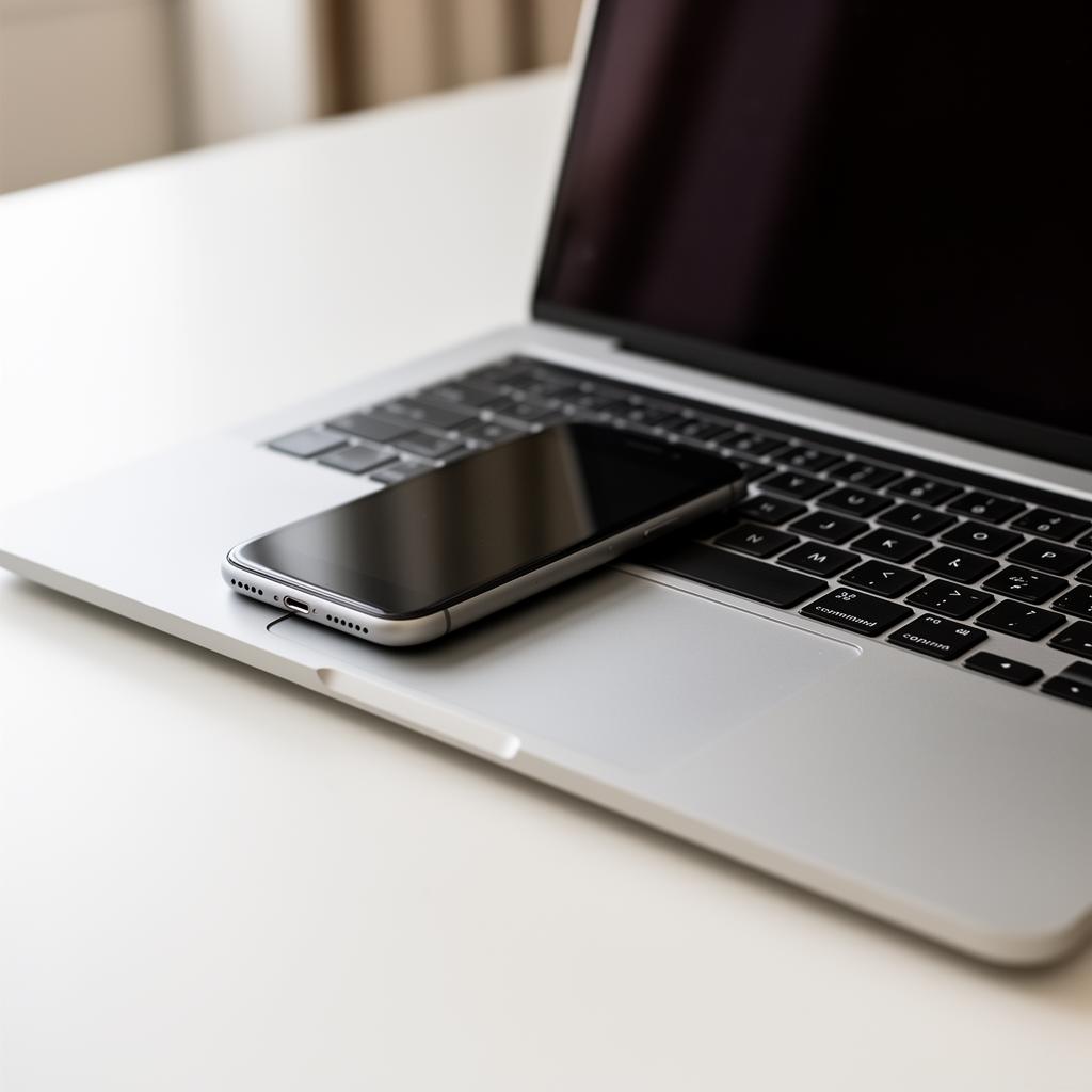 Laptop with phone resting on the keyboard