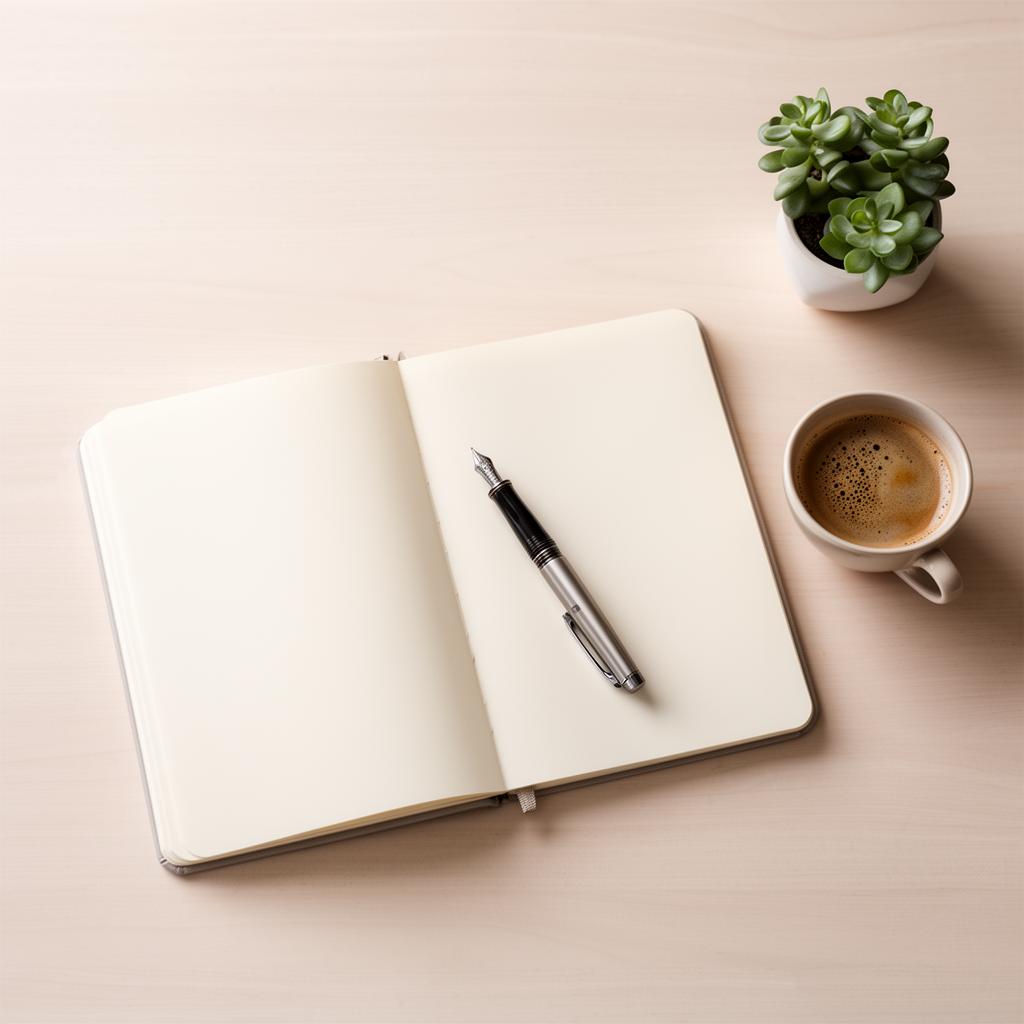 Open notebook with fountain pen, coffee and plant