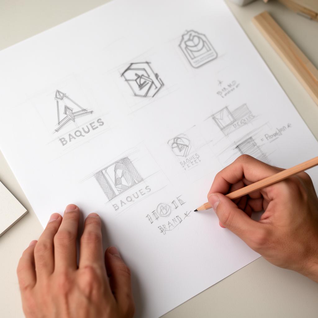 Hands sketching brand logo concepts on paper