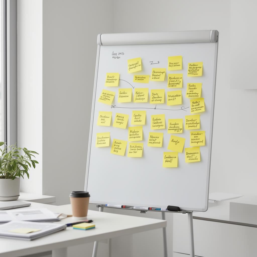 Whiteboard covered in yellow sticky-note ideas